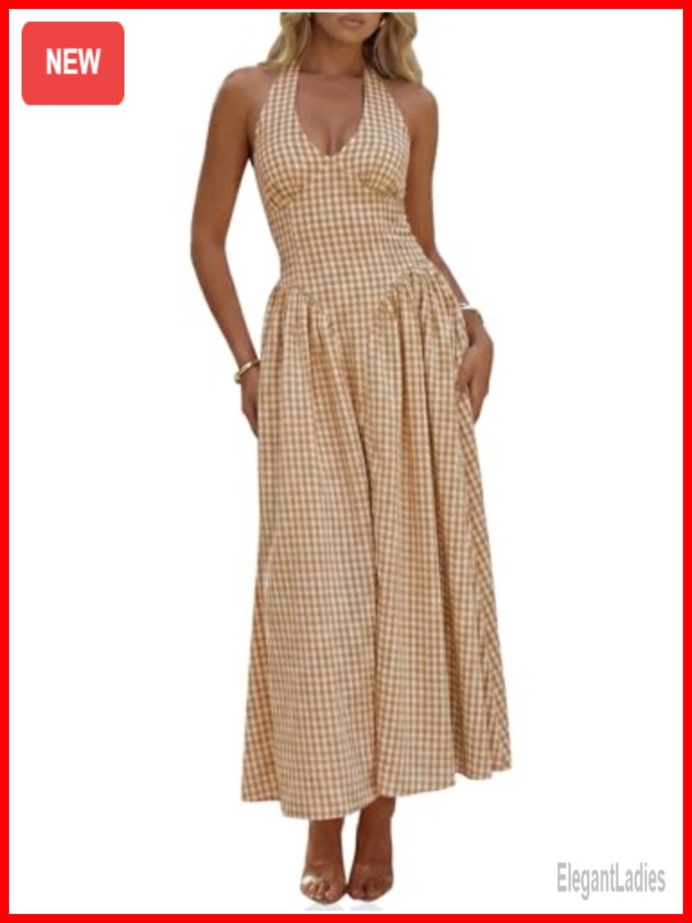 Womens Halter V Neck Corset Maxi Dress Plaid Smocked Backless A-Line Sleeveless